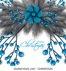 Merry Christmas Party invitation season greeting card Winter party invitation wreath of fir pine branches grey blue berry