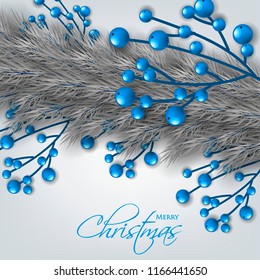 Merry Christmas Party invitation season greeting card Winter party invitation wreath of fir pine branches grey blue berry