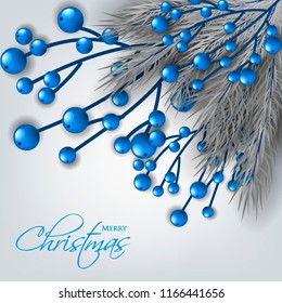Merry Christmas Party invitation season greeting card Winter party invitation wreath of fir pine branches grey blue berry
