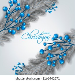Merry Christmas Party invitation season greeting card Winter party invitation wreath of fir pine branches grey blue berry