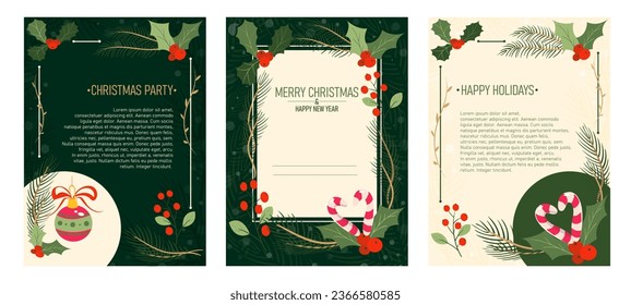 Merry Christmas Party Invitation Set. Posters or corporate Holiday card with plant branches, holly berries, Christmas candy canes and text template. Cartoon flat vector collection isolated on white