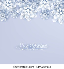 Merry Christmas Party Invitation snowflake paper cut on blue background 3d origami vector winter vector template