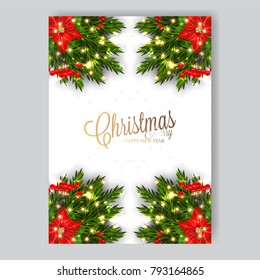  Merry Christmas Party Invitation with snowflake background Poinsettia fir pine