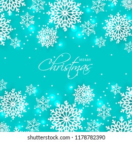 Merry Christmas Party invitation template snowflake. Winter snowfall greeting card