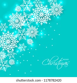 Merry Christmas Party invitation template snowflake. Winter snowfall greeting card