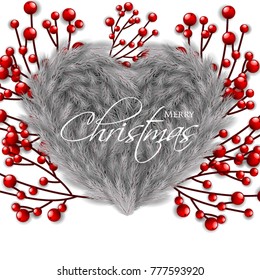 Merry Christmas Party Invitation template gray silver fir pine branch red berry. Winter holiday needle wreath