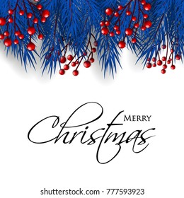 Merry Christmas Party Invitation template blue fir pine branch red berry. Winter holiday needle wreath
