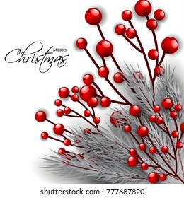 Merry Christmas Party Invitation template gray silver fir pine branch red berry. Winter holiday needle wreath