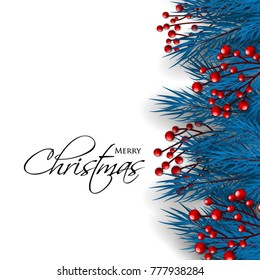 Merry Christmas Party Invitation template blue fir pine branch red berry. Winter holiday needle wreath