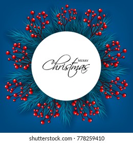 Merry Christmas Party Invitation template blue fir pine branch red berry. Winter holiday needle wreath