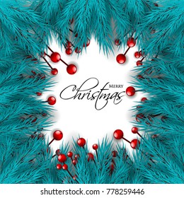 Merry Christmas Party Invitation template blue fir pine branch red berry. Winter holiday needle wreath