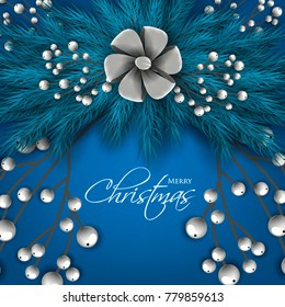 Merry Christmas Party Invitation template blue fir pine branch red berry. Winter holiday needle wreath