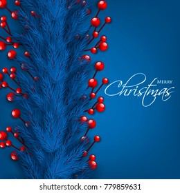 Merry Christmas Party Invitation template blue fir pine branch red berry. Winter holiday needle wreath