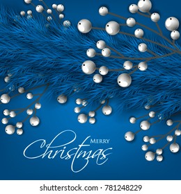 Merry Christmas Party Invitation template blue fir pine branch red berry. Winter holiday needle wreath