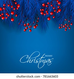 Merry Christmas Party Invitation template blue fir pine branch red berry. Winter holiday needle wreath