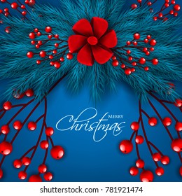 Merry Christmas Party Invitation template blue fir pine branch red berry. Winter holiday needle wreath