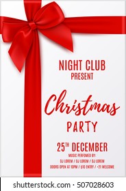 Merry Christmas party invitation. Top view on Xmas gift box with red bow and tapes. Design of flyer to night club. Vector illustration.