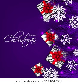 Merry Christmas Party invitation vector with fir pine wreath snowflake gift box red bow in purple violet ultraviolet