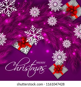 Merry Christmas Party invitation vector with fir pine wreath snowflake gift box red bow in purple violet ultraviolet