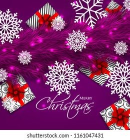Merry Christmas Party invitation vector with fir pine wreath snowflake gift box red bow in purple violet ultraviolet