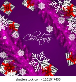 Merry Christmas Party invitation vector with fir pine wreath snowflake gift box red bow in purple violet ultraviolet
