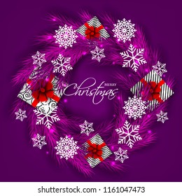 Merry Christmas Party invitation vector with fir pine wreath snowflake gift box red bow in purple violet ultraviolet