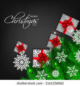 Merry Christmas Party invitation vector with fir pine wreath paper cut snowflake gift box red bow chalkboard light garland black background