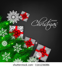 Merry Christmas Party invitation vector with fir pine wreath paper cut snowflake gift box red bow chalkboard light garland black background