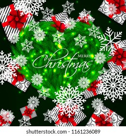 Merry Christmas Party invitation vector with fir pine wreath snowflake gift box red bow needle heart