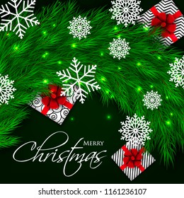 Merry Christmas Party invitation vector with fir pine wreath snowflake gift box red bow