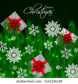 Merry Christmas Party invitation vector with fir pine wreath snowflake gift box red bow