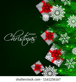 Merry Christmas Party invitation vector with fir pine wreath snowflake gift box red bow