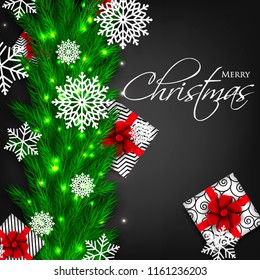 Merry Christmas Party invitation vector with fir pine wreath paper cut snowflake gift box red bow chalkboard light garland black background