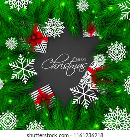 Merry Christmas Party invitation vector with fir pine wreath paper cut snowflake gift box red bow chalkboard light garland black background