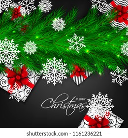 Merry Christmas Party invitation vector with fir pine wreath paper cut snowflake gift box red bow chalkboard light garland black background