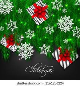 Merry Christmas Party invitation vector with fir pine wreath paper cut snowflake gift box red bow chalkboard light garland black background