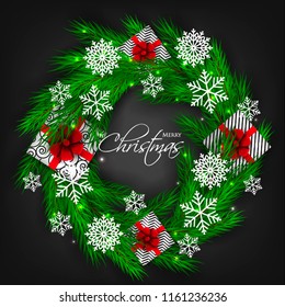 Merry Christmas Party invitation vector with fir pine wreath paper cut snowflake gift box red bow chalkboard light garland black background