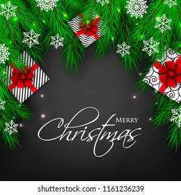 Merry Christmas Party invitation vector with fir pine wreath paper cut snowflake gift box red bow chalkboard light garland black background
