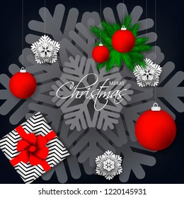 Merry Christmas Party invitation vector with fir pine wreath snowflake gift box red bow christmas ball