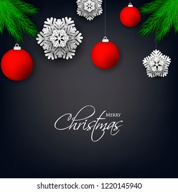 Merry Christmas Party invitation vector with fir pine wreath snowflake gift box red bow christmas ball