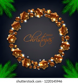 Merry Christmas Party invitation vector with fir pine wreath snowflake gift box red bow christmas ball