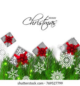 Merry Christmas Party invitation vector with fir pine wreath snowflake gift box red bow