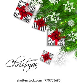 Merry Christmas Party invitation vector with fir pine wreath snowflake gift box red bow