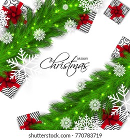 Merry Christmas Party invitation vector with fir pine wreath snowflake gift box red bow