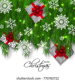 Merry Christmas Party invitation vector with fir pine wreath snowflake gift box red bow