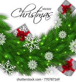Merry Christmas Party invitation vector with fir pine wreath snowflake gift box red bow