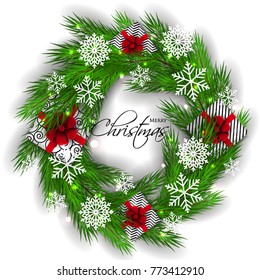 Merry Christmas Party invitation vector with fir pine wreath snowflake gift box red bow