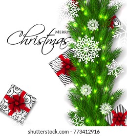 Merry Christmas Party invitation vector with fir pine wreath snowflake gift box red bow