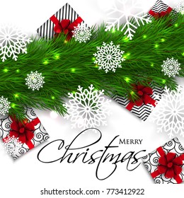 Merry Christmas Party invitation vector with fir pine wreath snowflake gift box red bow