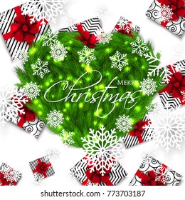 Merry Christmas Party invitation vector with fir pine wreath snowflake gift box red bow